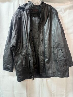 Phase Two Men's Black Leather Jacket with Hood Size XL